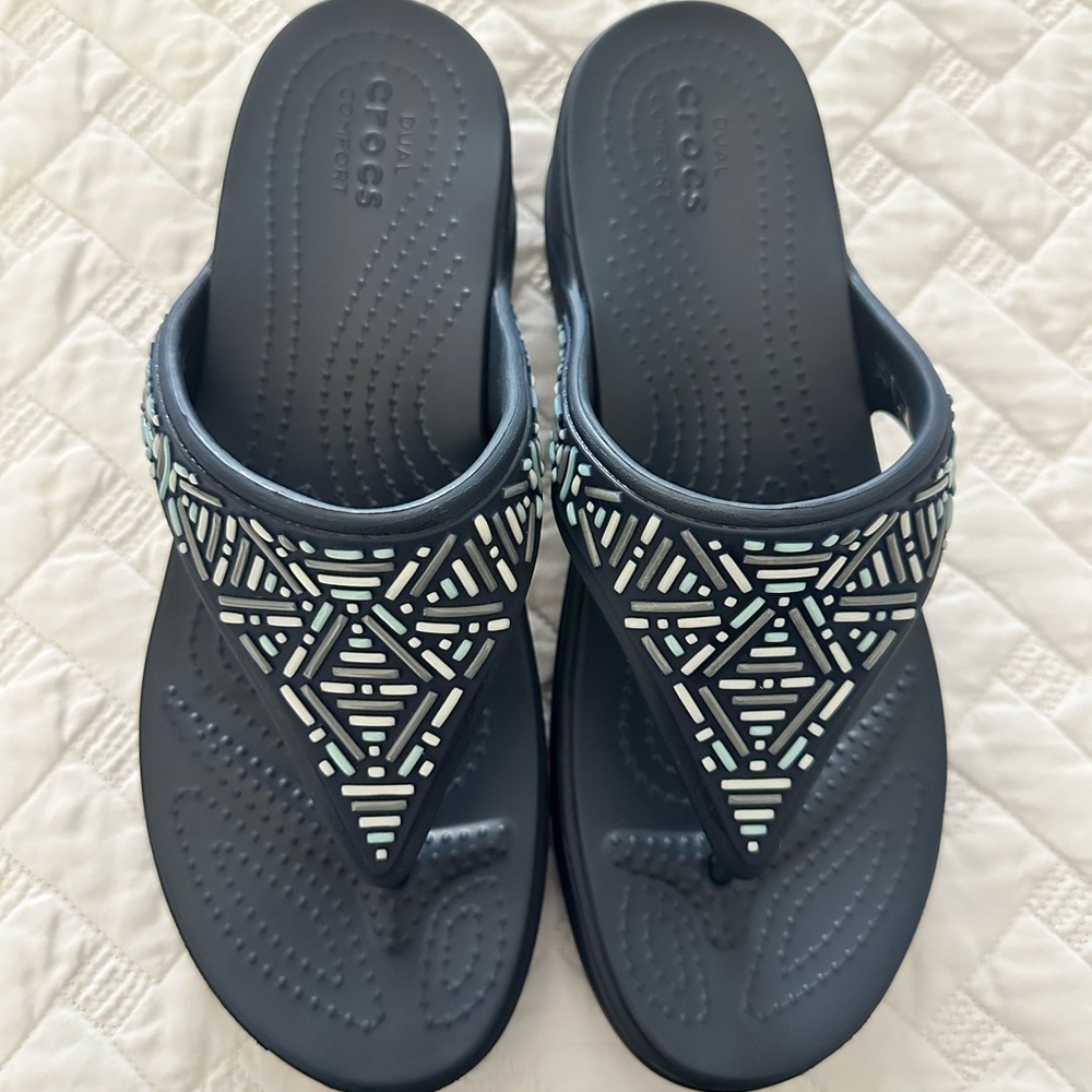 Crocs Black and Mint Patterned Sandals